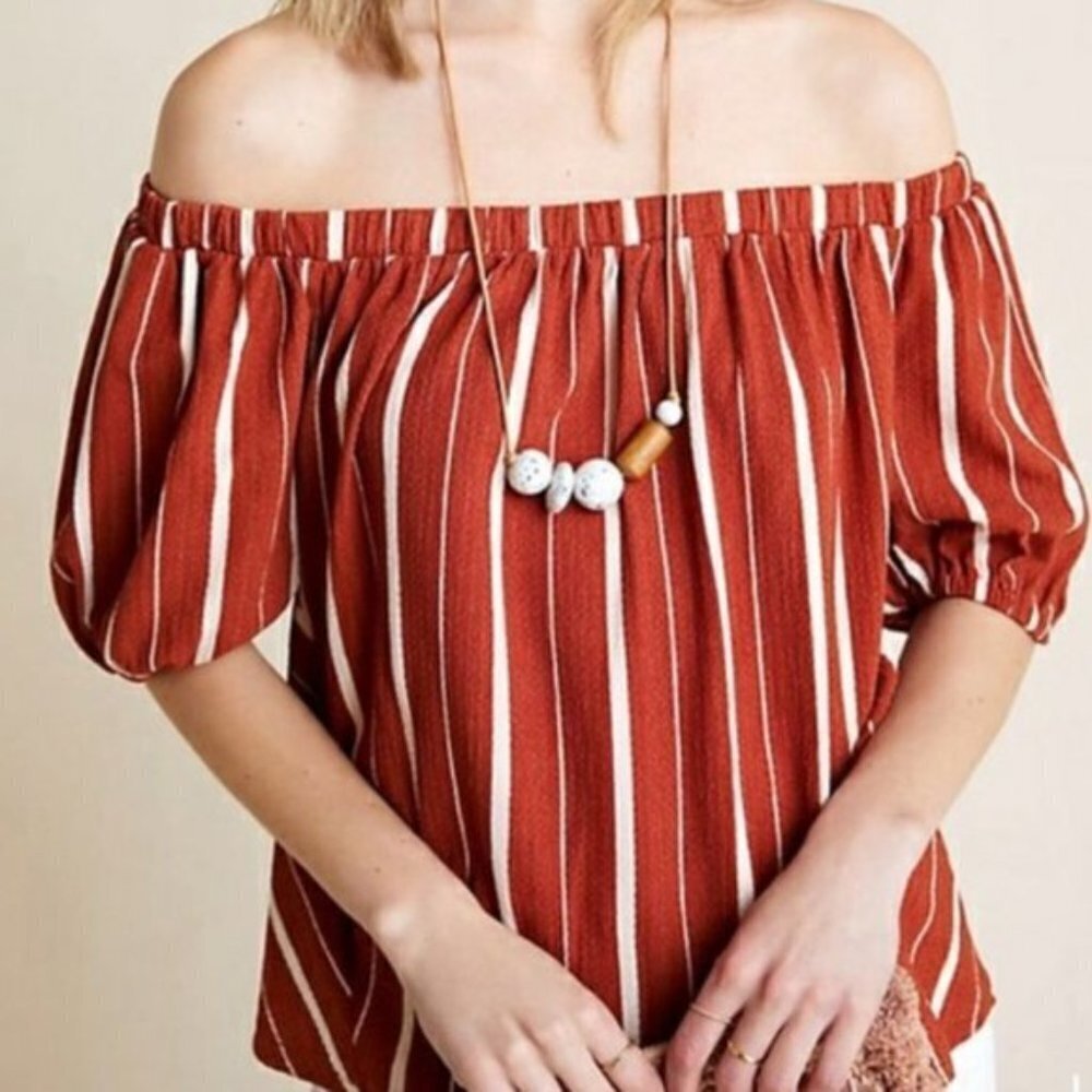 ✅‎ Anthropologie Off Shoulder Puff Stripe Blouse SIZE SMALL